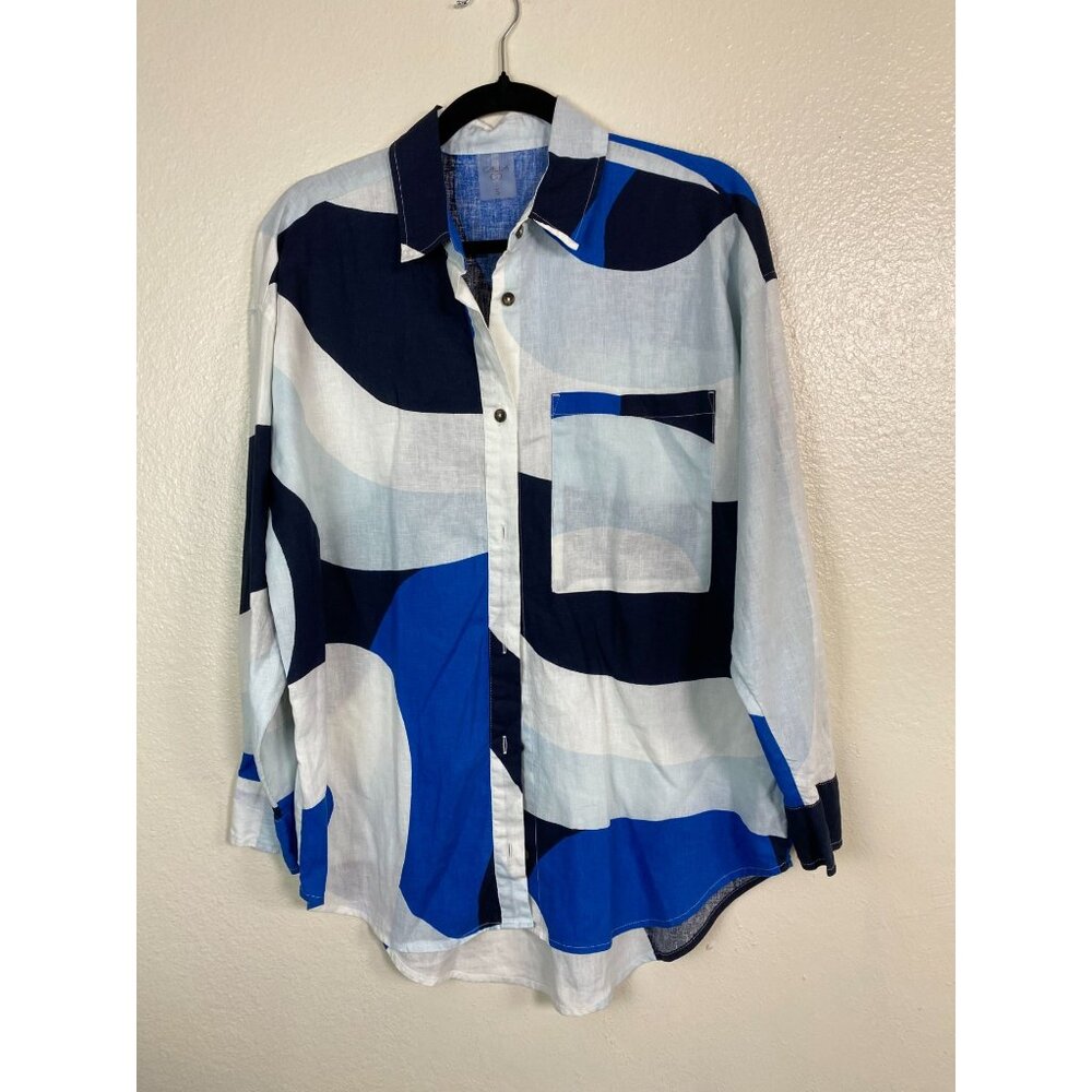 Calia Womens Linen Blend Button Up Top size Small Blue White Abstract Oversized